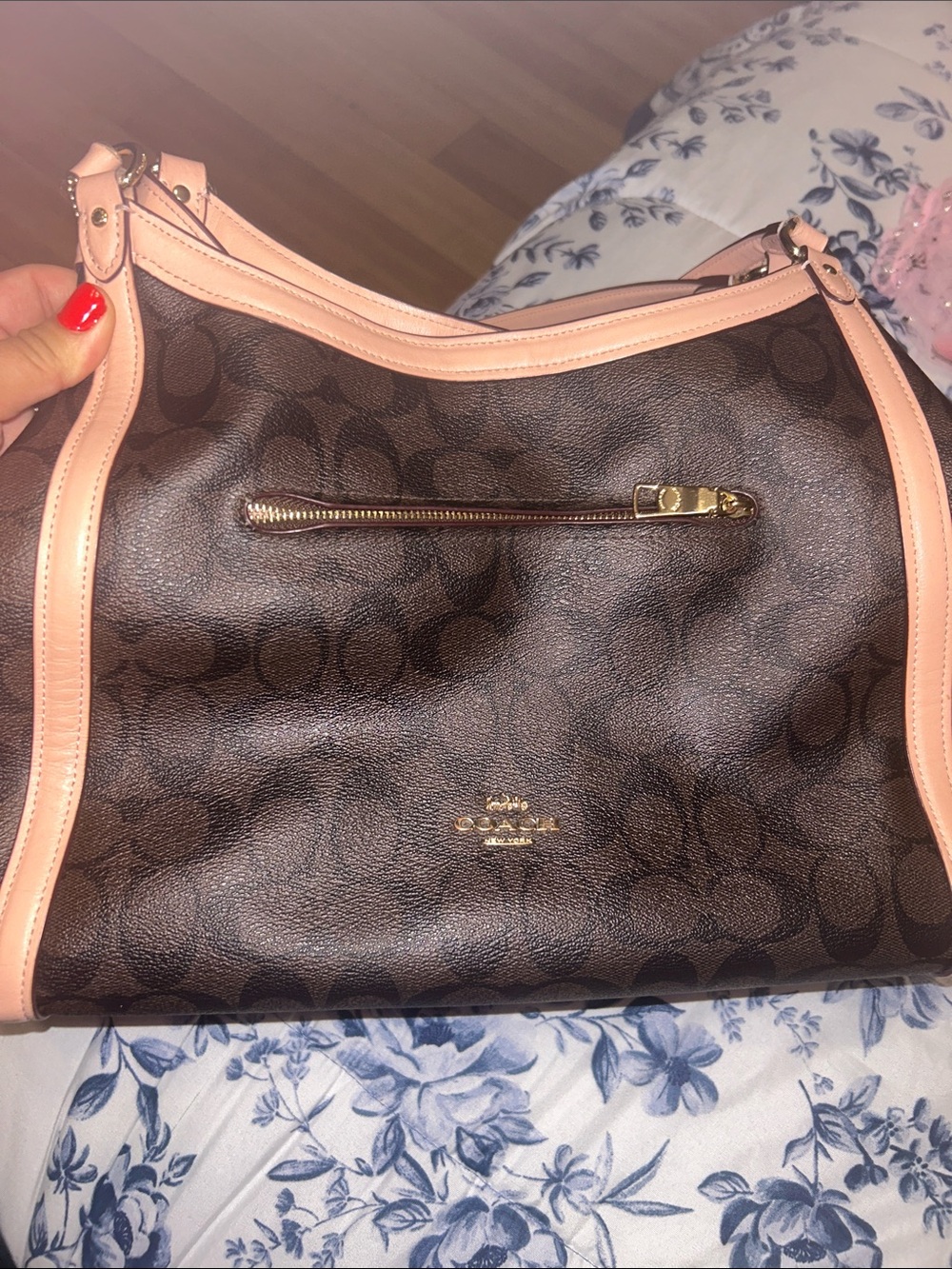 Coach Brown Signature Canvas Shoulder Bag with Pink Trim